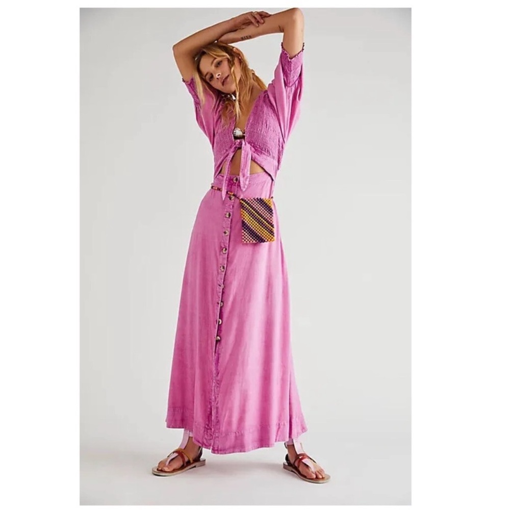 Free People Pink Tie-Front Crop Top and Button-Front Maxi Skirt Set